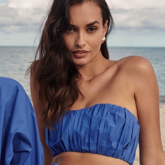 NWT ANTHROPOLOGIE Poplin Ruched Strapless Mini Crop Top Cobalt Blue Sz M - Picture 2 of 7